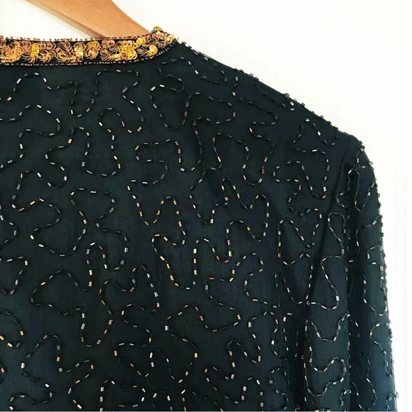 VINTAGE 80s Glam Beaded Sequin Silk Wide Leg Jumpsuit Bolero Jacket Black Size 6